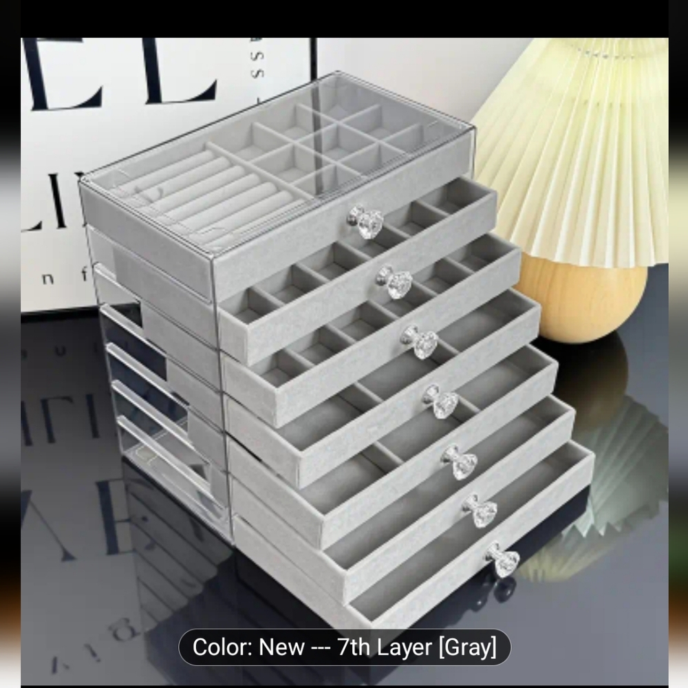 🆕️ SILVER GREY VELVET JEWELRY ORGANIZER BOX - 7 DRAWER